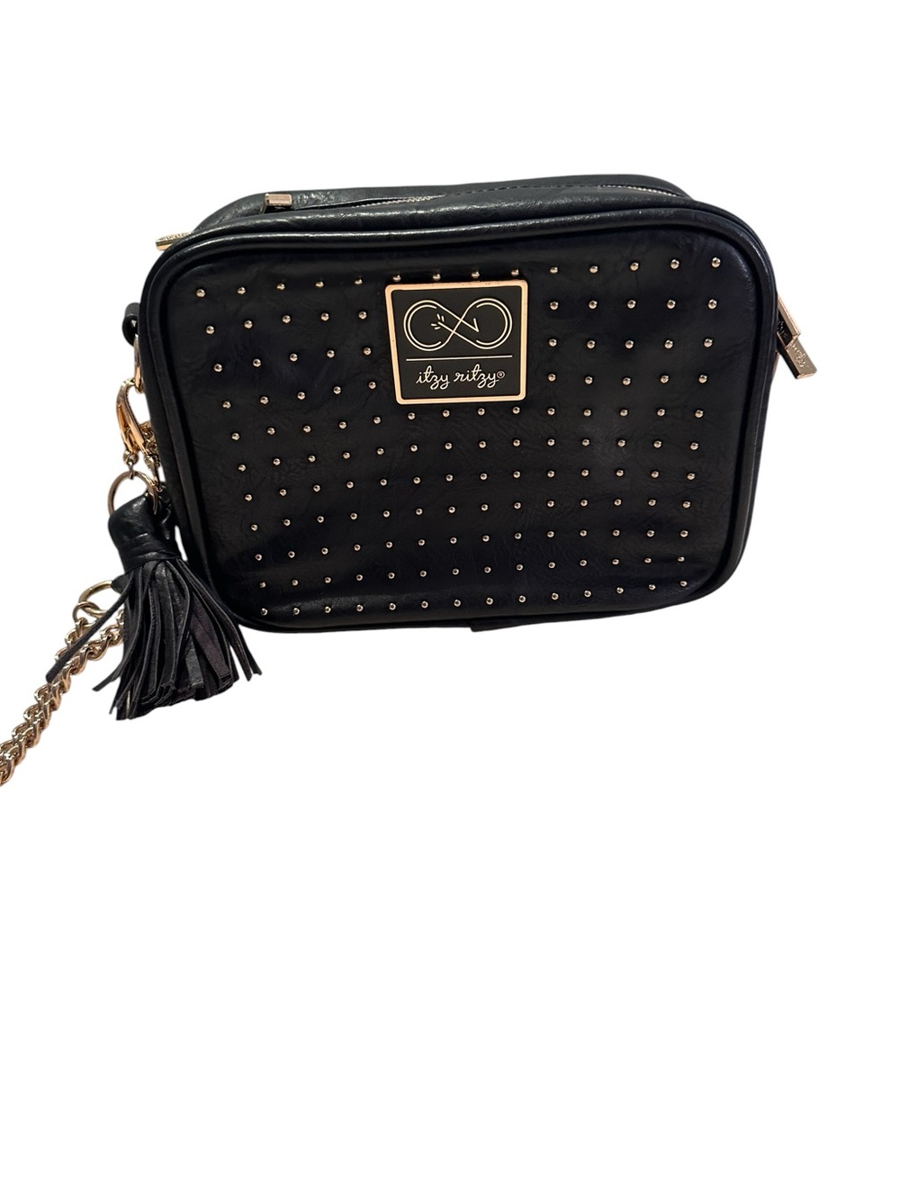 Itzy Ritzy Black Crossbody Camera Bag with Gold Studs & Chain